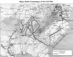 This map shows how the battles during the Civil War were all fought in the south, which can help in understanding why the Confederacy was so desperate for supplies that they needed from the Battle of Gettysburg
