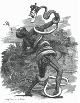 The overpowering and debilitating hold that Leopold held over the people of the Congo can blatently be seen through this cartoon by the way that the rubber, bearing the head of the kind, is attacking and defeating the helpless man.